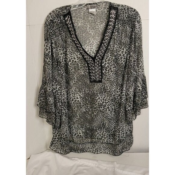 JMS Evolution Women's Top animal print Sheer  Chain Neck Banded Hem Plus Size 2X - Picture 1 of 5